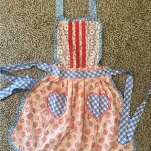 Matilda Jane Pink Strawberry Print Apron with Blue Gingham Hearts